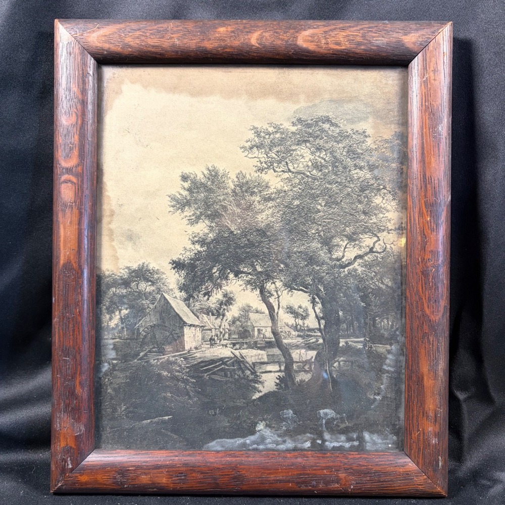 Antique Watermill Landscape Print Quartersawn Oak Frame Victorian Folk Art 11x9